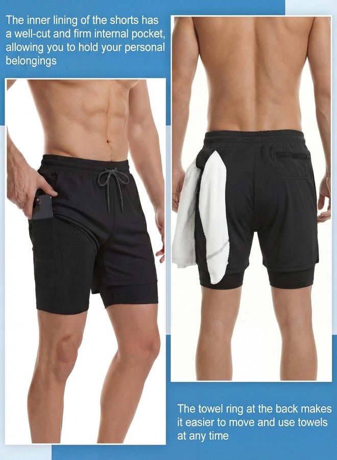 سوريو شورت رياضي رجالي من Sureio مكون من 3 قطع، 2 في 1، مناسب للتمارين الرياضية والجري، بطول 5 بوصات، سريع الجفاف، مزود ببطانة وجيوب جانبية وحلقة للمنشفة (مقاس كبير، أسود، كحلي، رمادي). - Image 2